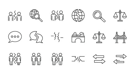 Social polarization line editable icon set, featuring concepts like broken relationships, global division, communication breakdown, legal disputes, and societal divides. Vector illustration with