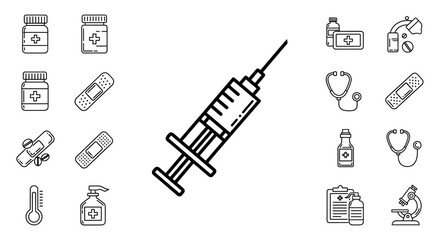 Obraz premium Set of medical icons in outline style, including a syringe, stethoscope, pills, bandages, thermometer, and microscope, perfect for healthcare and science-related designs, apps, and social media