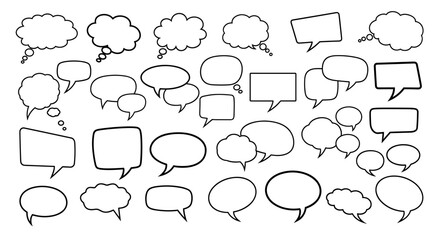 Collection of diverse outline speech bubbles and thought clouds, perfect for representing communication, dialogue, ideas, and information in infographics, articles, books, flyers, and banners