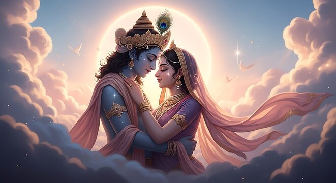 Intricate Mughal Miniature Digital Painting of Radha Krishna: Divine Love and Vrindavan Serenity