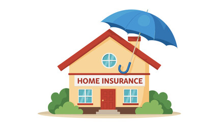 Vibrant cartoon illustration of a house under a protective blue umbrella, symbolizing home insurance coverage against risks and unforeseen events, ideal for financial services, real estate, and