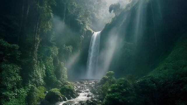 A majestic waterfall cascades down a lush green cliff face, with sunbeams piercing through the misty jungle canopy.
