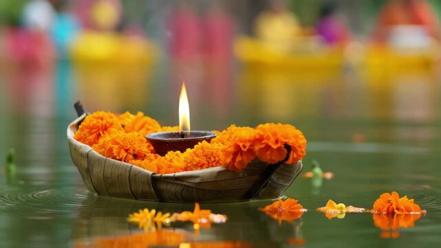 Leaf bowl with marigold flowers, lit diya floating on river water, Kartik Purnima festival offering, devotional prayer on ghats, cultural ritual, sacred light, quiet water surface, prayers