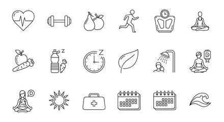 Collection of outline symbols representing a healthy lifestyle, fitness, and wellness, ideal for apps, websites, banners, and infographics. This set includes icons for heart rate, dumbbells, fruits