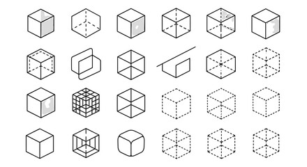 Diverse Collection of Cube Icons: A Vector Illustration Showcasing Various Cube Designs, Including Solid, Outline, Wireframe, and Partially Filled Cubes, Perfect for Infographics, Articles, Books