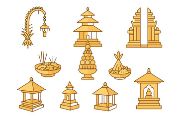 Balinese temple icons and cultural symbols in flat design style