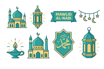 Mawlid celebration elements with mosques, lanterns, and islamic art design