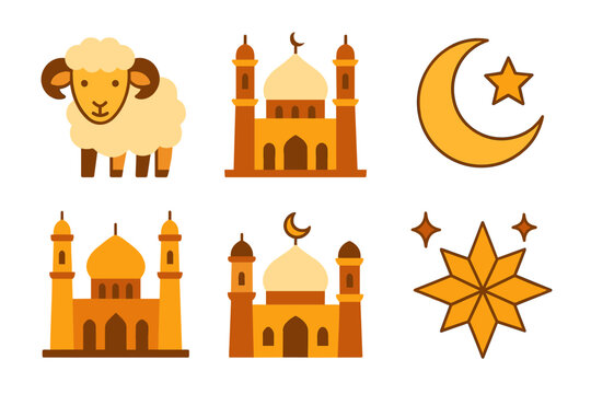 Eid al adha festival icons featuring mosque, sheep, and crescent moon - Powered by Adobe