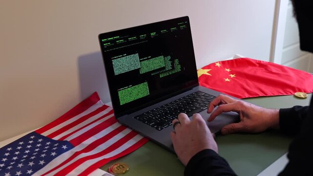 Hacker in Black Hoodie Running Multiple Terminals from Hacker Command Station Software - Hacktivist Concept of Man Representing US and China