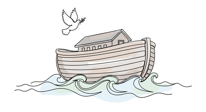 Noah's Ark: Ark Floating on Waves with Dove and Olive Branch. Minimalist One-Line Watercolor Vector Illustration