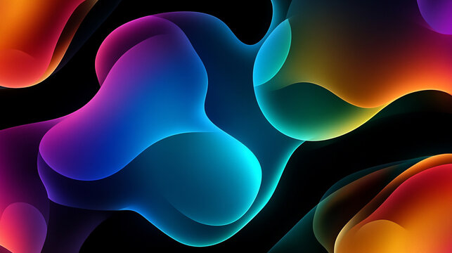 Vibrant abstract mesh gradient with rainbow hues on deep black background featuring rounded forms smoothly blending creating dynamic motion energy and modern digital art for creative design visuals