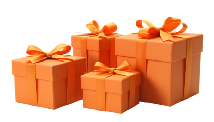 three orange gift box with ribbon set isolated on transparent background cutout
