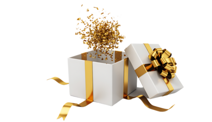An open gift box with a yellow ribbon and confetti flying out, isolated on a transparent background
