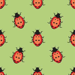 Ladybugs, funny seamless pattern on green background. For children clothes, fabrics, wrapping paper. Vector