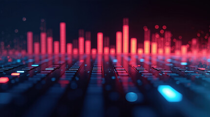 Vibrant audio equalizer pulsating with rhythmic colors, concept of sound visualization, music production, or digital art.