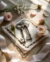 Romantic Still Life: Vintage Skeleton Keys on Lace with Pink Roses and Ribbons