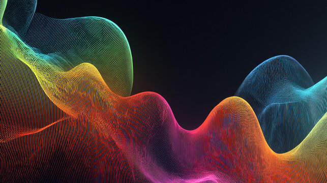 Vibrant abstract mesh gradient with rainbow hues on deep black background featuring rounded forms smoothly blending creating dynamic motion energy and modern digital art for creative design visuals