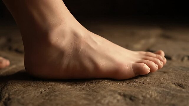 Close-up of a bare human foot standing gently on a textured earthy ground emphasizing natural skin details and connection to the rough surface with soft natural