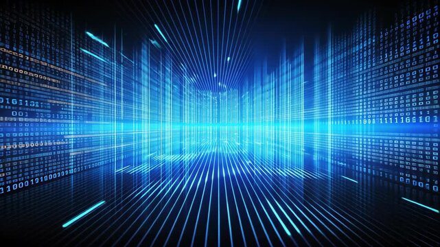Digital Data Streams: Immerse yourself in a dynamic visualization of data streams. Brilliant blue lines form an abstract cityscape, while binary code cascades across the backdrop.