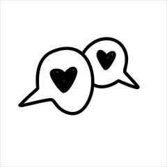 Minimalistic black and white doodle of two overlapping chat bubbles with heart symbols inside, symbolizing love communication and online romance, suitable for Valentine cards, stickers, and posters.