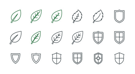 Set of minimalistic linear icons featuring green leaves and various shield designs, symbolizing protection, nature, and security. Ideal for web, graphic design, apps, banners, social media, and