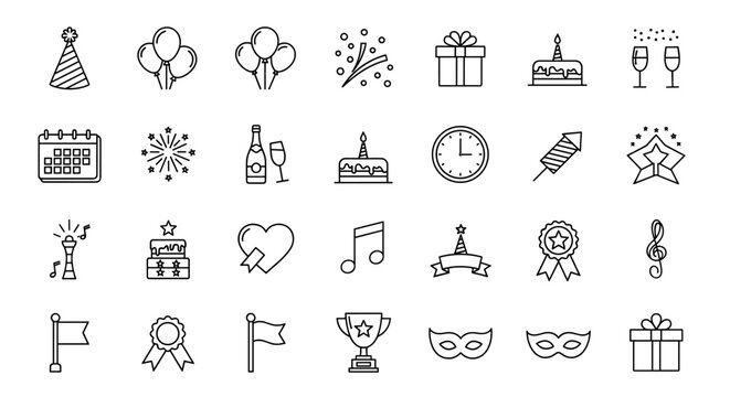 A comprehensive collection of linear icons representing various aspects of celebration and holidays, presented in a clean, thin-line black style on a dark background, perfect for digital and print