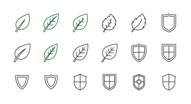 Set of minimalistic linear icons featuring green leaves and various shield designs, symbolizing protection, nature, and security. Ideal for web, graphic design, apps, banners, social media, and
