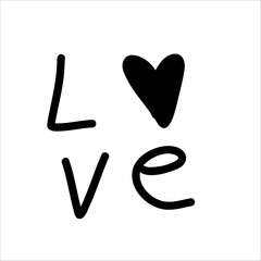 Doodle illustration of the word “love” with a heart. Simple hand-drawn romantic symbol for Valentine’s Day, perfect for greeting cards, posters, stickers, prints, and t-shirts.