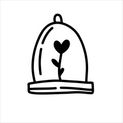 Doodle illustration of a heart-shaped flower under a glass dome. Simple hand-drawn romantic symbol of eternal love, perfect for Valentine’s cards, posters, stickers, tattoos, and minimal decor designs