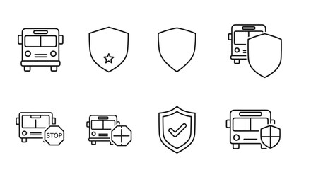 Set of minimalistic bus and shield pictograms, drawn with thin lines on a white background. Includes icons representing bus security, protection, and safety, with variations like a stop sign and a