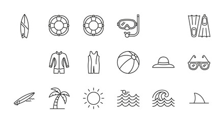 Collection of minimalist line icons representing summer and beach activities, including a surfboard, lifeline, diving mask, wetsuit, beach ball, sun hat, sunglasses, palm tree, sun, waves, and a