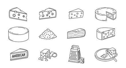 Collection of various cheese types in outline style, including wedges, rounds, grated cheese, and a cheese grater, perfect for graphic design, web, apps, adverts, and cards, presented as a vector