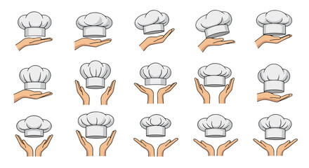 Collection of Chef Hats Held by Hands, Representing Culinary Excellence and Professionalism. This Vector Cartoon Illustration Features Editable Strokes, Ideal for Graphic Design, Websites, Cards