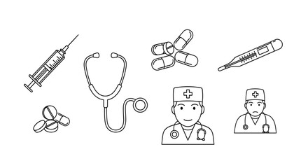 Collection of medical icons in thin line style, featuring a syringe, stethoscope, pills, thermometer, and doctor portraits, perfect for apps, websites, banners, and infographics, symbolizing