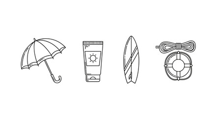 Collection of minimalist line art icons representing summer and beach essentials: an open umbrella for shade, a tube of sunscreen for sun protection, a surfboard for water sports, and a lifeline with