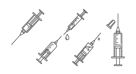 Minimalistic thin outline icons of syringes for web and graphic design, apps, banners, social networks, and cards. Vector cartoon illustration of medical injection tools, symbolizing healthcare