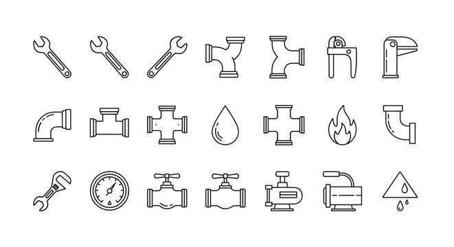 Set of 16 thin line icons representing various pipe fittings and plumbing elements, perfect for technical diagrams, construction, or DIY projects. These editable stroke vector graphics are suitable