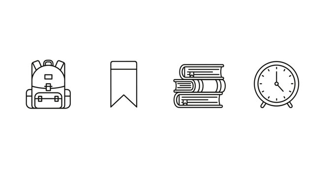 A collection of modern line icons representing essential school and college elements, including a backpack, a bookmark, a stack of books, and an alarm clock, perfect for educational websites, apps