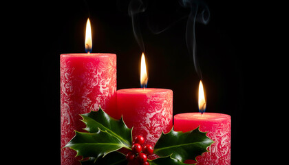 Festive red candles with holly and berries on dark background