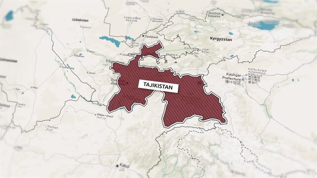 Country Tajikistan on the map is highlighted by a polygonal border. From above zooming in with panoramic view. Borders of the state of Tajikistan on the map