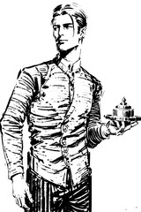 Stylized engraved illustration of a young man serving a dish with elegance in a vintage setting