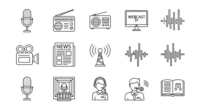 Diverse podcast and broadcasting icon set featuring a vintage microphone, modern radio, computer webcast screen, audio waveforms, video camera, newspaper, broadcast tower, and professional