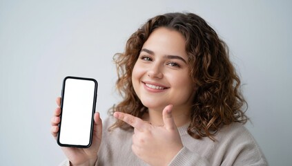 Smiling woman points at a smartphone with a blank screen, clean studio mockup for app or website
