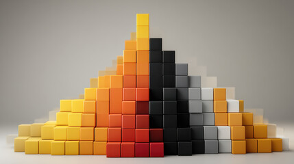 Colorful cube arrangement forming a visually striking pattern in shades of yellow, orange, red, black, white, and gray against a minimaic background setting.