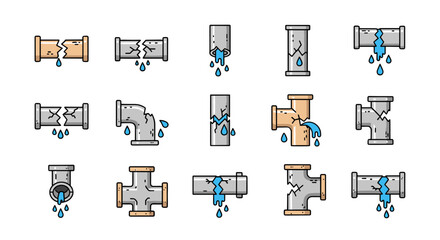 Set of isolated vector cartoon illustrations depicting various broken pipes with water leaks, symbolizing plumbing issues, damage, and maintenance needs, presented on a black background for graphic