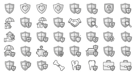 Collection of thin line icons representing various insurance and protection concepts, including shields, houses, cars, health, finance, and security, suitable for graphic and web design, apps, and