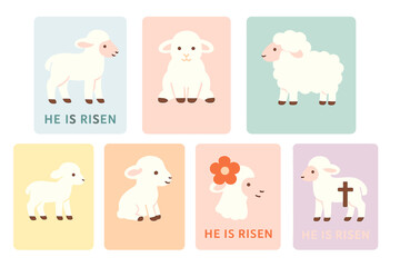 Obraz premium Cute illustrated cards featuring lambs with Easter themes and messages celebrating renewal and hope