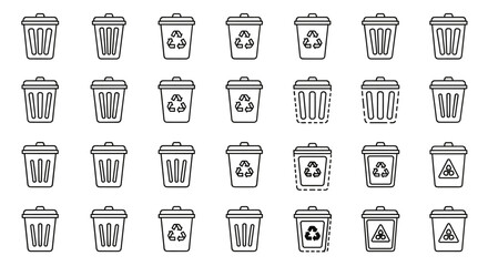 Collection of diverse bin icons in various outline stroke styles, featuring recycling symbols and hazard signs, presented as a clean vector set on a white background, ideal for environmental and