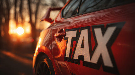 Bright red car with tax markings parked along a quiet road during sunset surrounded by trees casting beautiful shadows in the golden light.