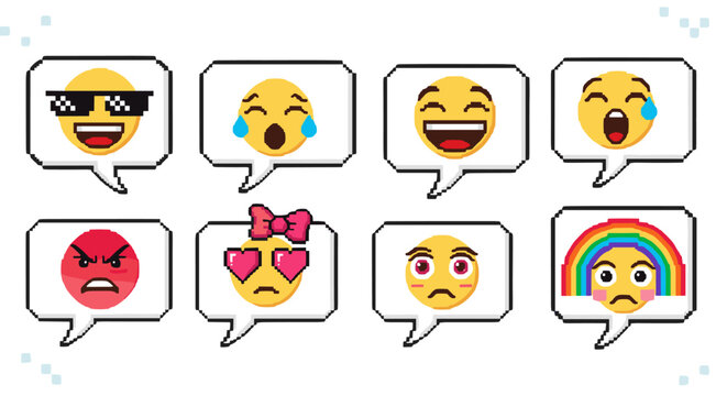 Collection of retro 8-bit pixel art emoticons in speech bubbles, featuring a variety of expressive faces including cool sunglasses, tears of joy, laughter, anger, love eyes, a bow, and a sad rainbow